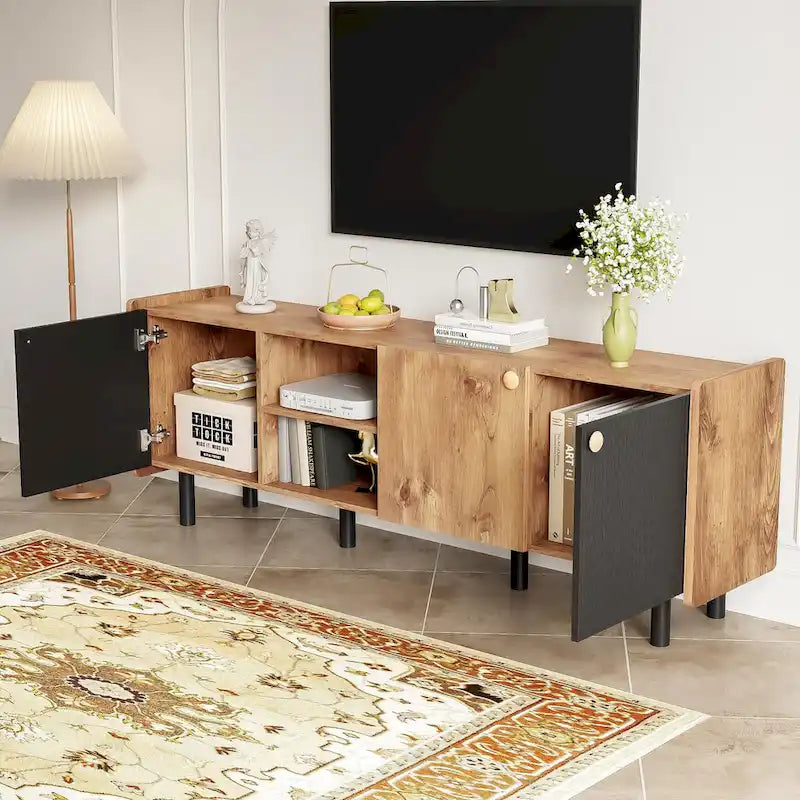 Mid Century TV Stand with 3 Cabinets, Media Console Table for TVs up to 70, Entertainment Center with Storage