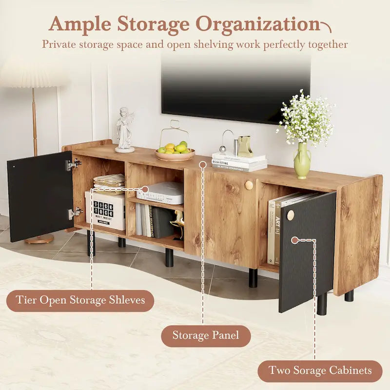 Mid Century TV Stand with 3 Cabinets, Media Console Table for TVs up to 70, Entertainment Center with Storage