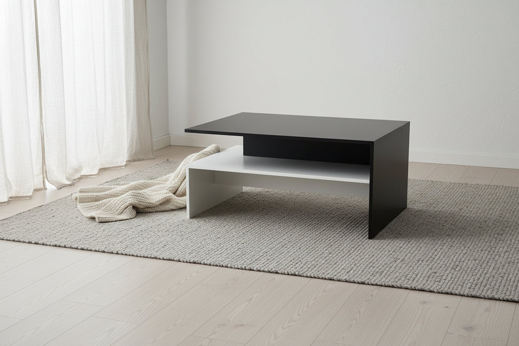 Modern Coffee Table, 2-tier Rectangular Center Table with Storage Shelves for Living Room, Black/White