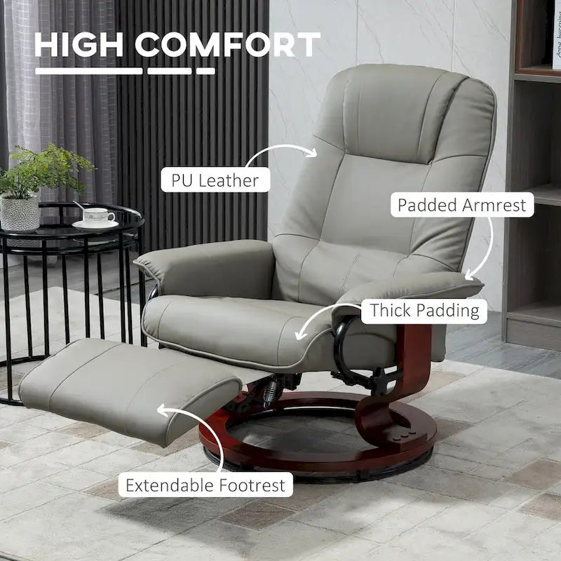 Faux Leather Manual Swivel Recliner Chair with Footrest, Armrest and Wrapped Wood Base
