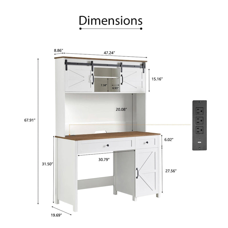 Farmhouse Computer Writing Desk with Hutch and Charging Station for Home Offices or Student Workspaces