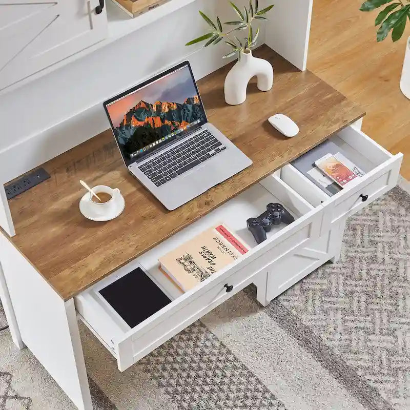 Farmhouse Computer Writing Desk with Hutch and Charging Station for Home Offices or Student Workspaces