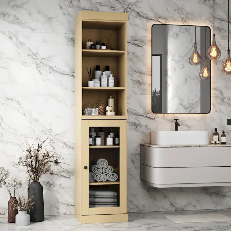 100% Solid Wood 16.5 Bathroom Storage Cabinet with Clear Glass Doors and Adjustable Shelves