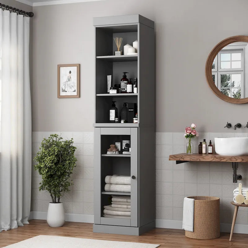 100% Solid Wood 16.5 Bathroom Storage Cabinet with Clear Glass Doors and Adjustable Shelves