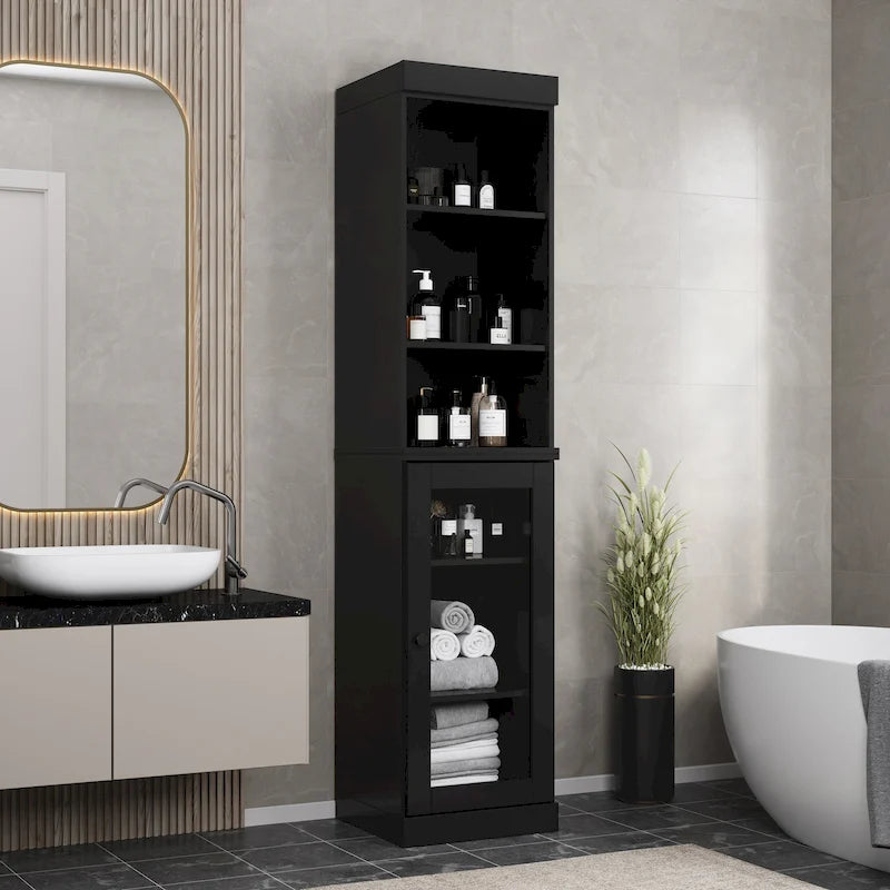 100% Solid Wood 16.5 Bathroom Storage Cabinet with Clear Glass Doors and Adjustable Shelves