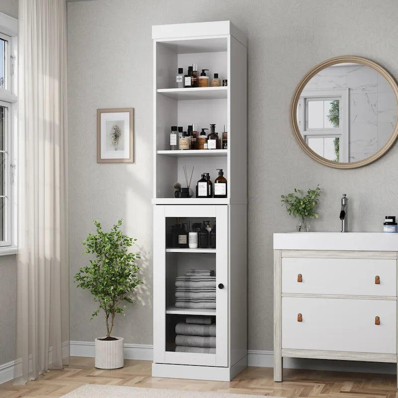 100% Solid Wood 16.5 Bathroom Storage Cabinet with Clear Glass Doors and Adjustable Shelves
