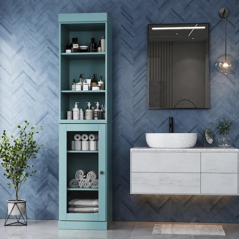 100% Solid Wood 16.5 Bathroom Storage Cabinet with Clear Glass Doors and Adjustable Shelves