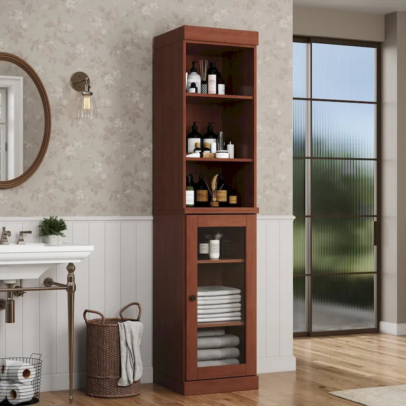 100% Solid Wood 16.5 Bathroom Storage Cabinet with Clear Glass Doors and Adjustable Shelves