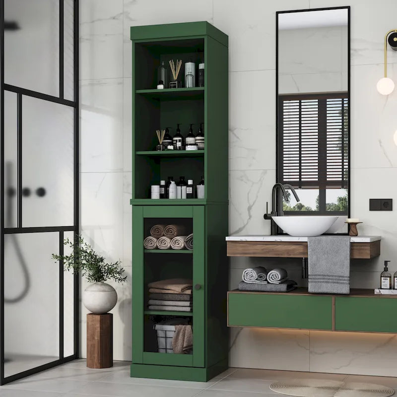 100% Solid Wood 16.5 Bathroom Storage Cabinet with Clear Glass Doors and Adjustable Shelves