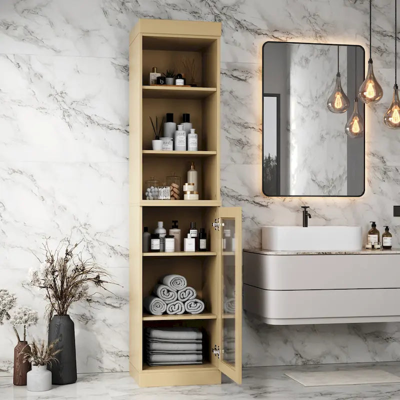 100% Solid Wood 16.5 Bathroom Storage Cabinet with Clear Glass Doors and Adjustable Shelves