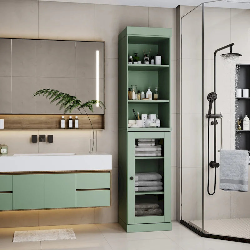 100% Solid Wood 16.5 Bathroom Storage Cabinet with Clear Glass Doors and Adjustable Shelves