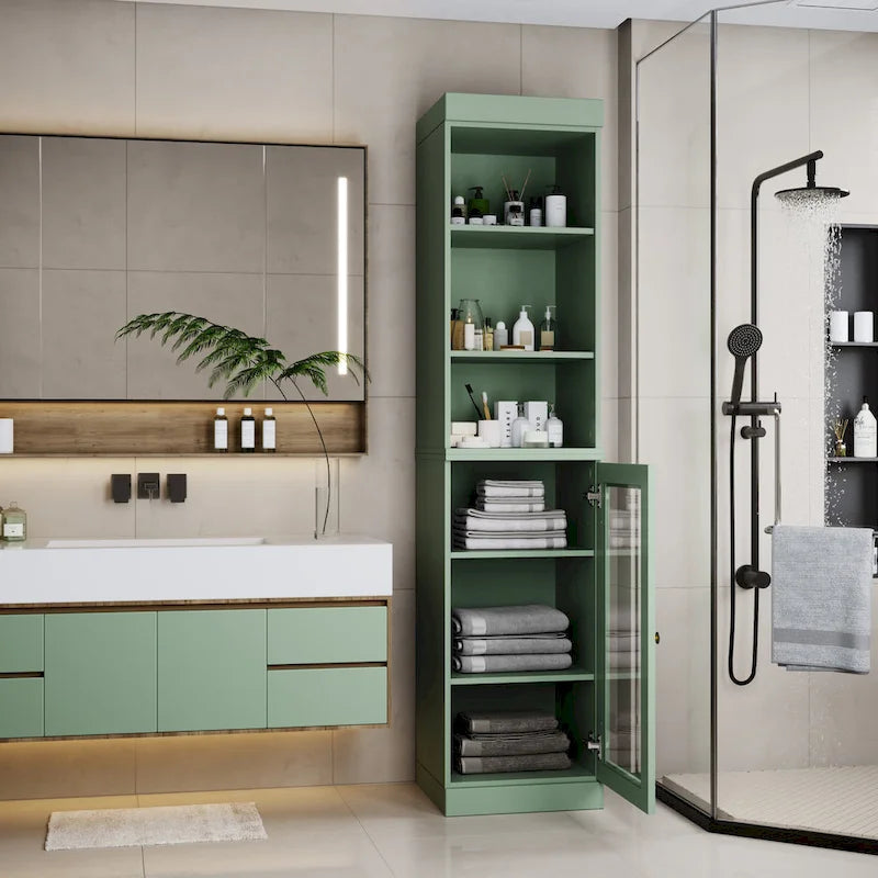 100% Solid Wood 16.5 Bathroom Storage Cabinet with Clear Glass Doors and Adjustable Shelves