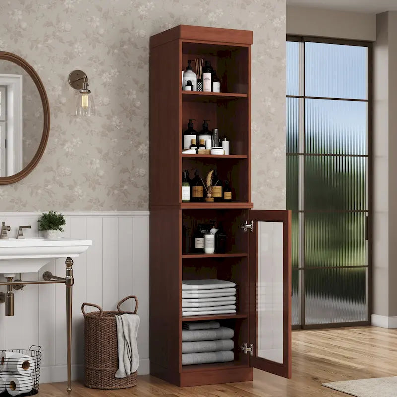 100% Solid Wood 16.5 Bathroom Storage Cabinet with Clear Glass Doors and Adjustable Shelves