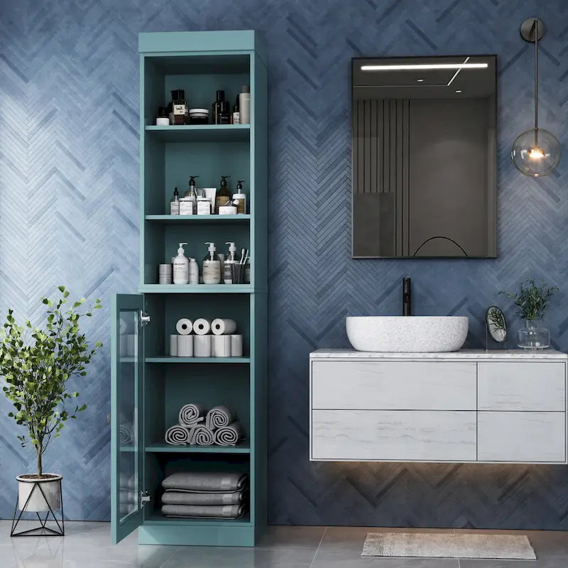 100% Solid Wood 16.5 Bathroom Storage Cabinet with Clear Glass Doors and Adjustable Shelves