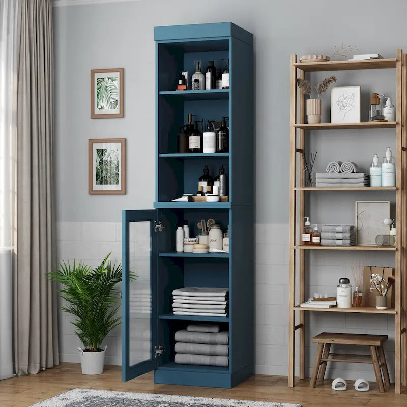 100% Solid Wood 16.5 Bathroom Storage Cabinet with Clear Glass Doors and Adjustable Shelves
