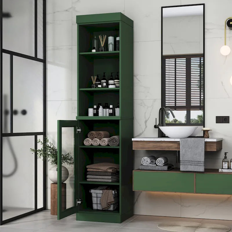 100% Solid Wood 16.5 Bathroom Storage Cabinet with Clear Glass Doors and Adjustable Shelves