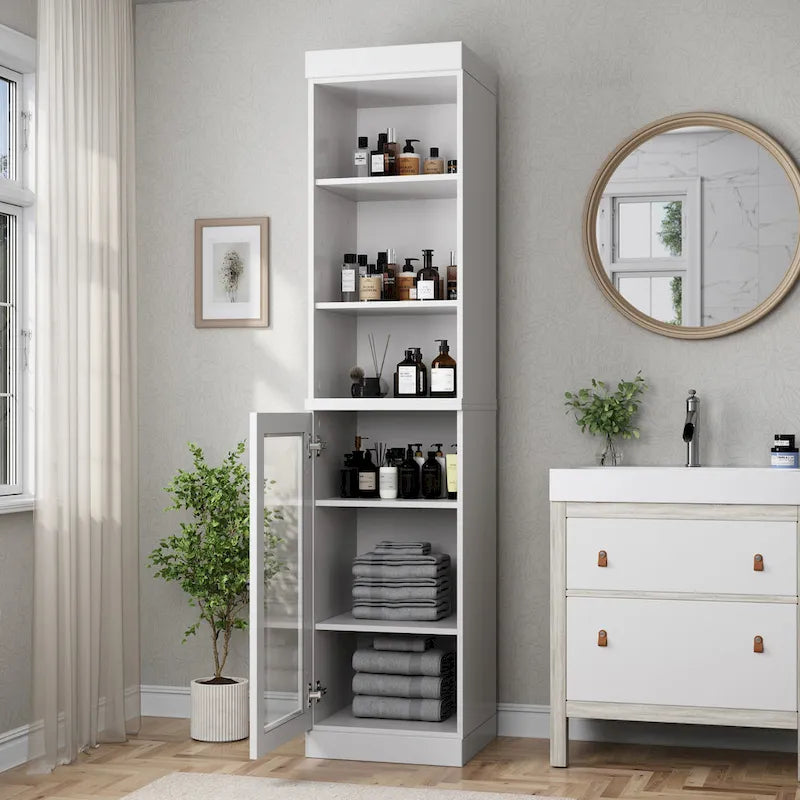 100% Solid Wood 16.5 Bathroom Storage Cabinet with Clear Glass Doors and Adjustable Shelves