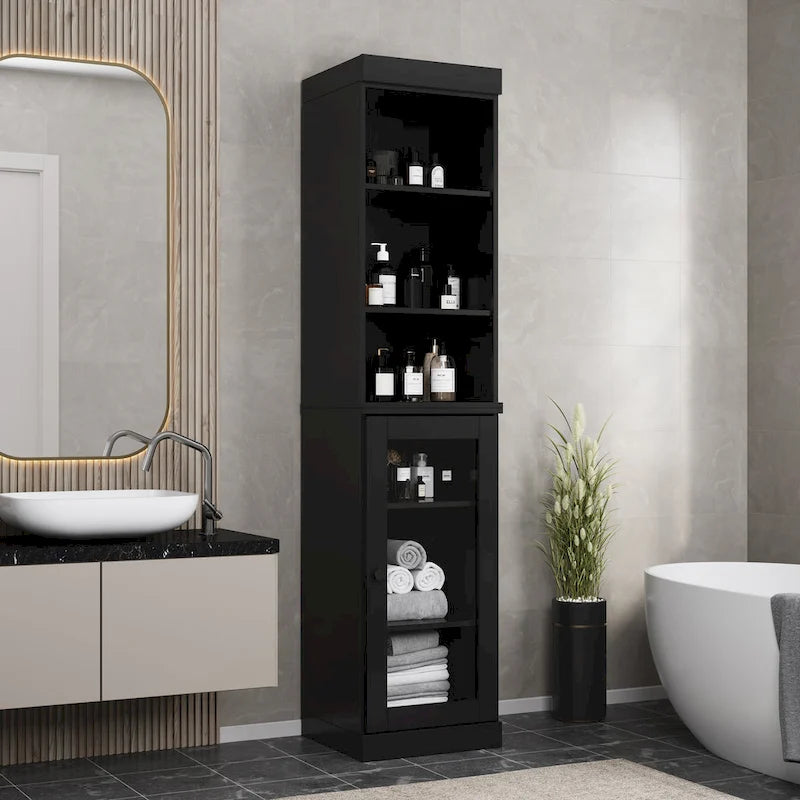 100% Solid Wood 16.5 Bathroom Storage Cabinet with Clear Glass Doors and Adjustable Shelves