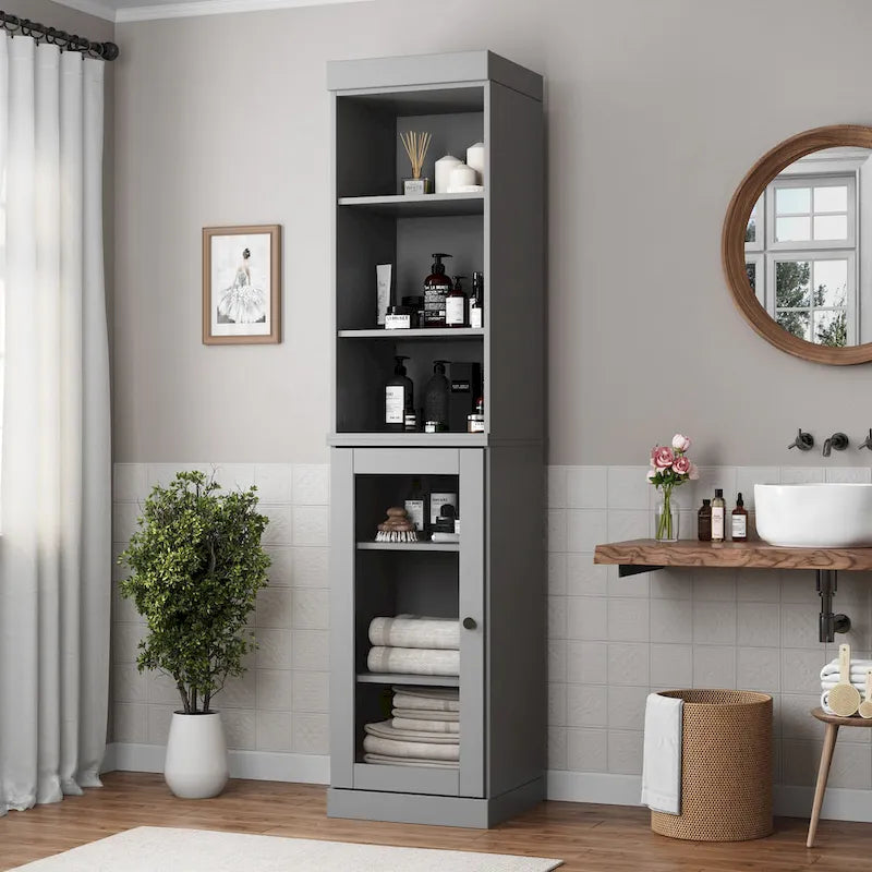 100% Solid Wood 16.5 Bathroom Storage Cabinet with Clear Glass Doors and Adjustable Shelves
