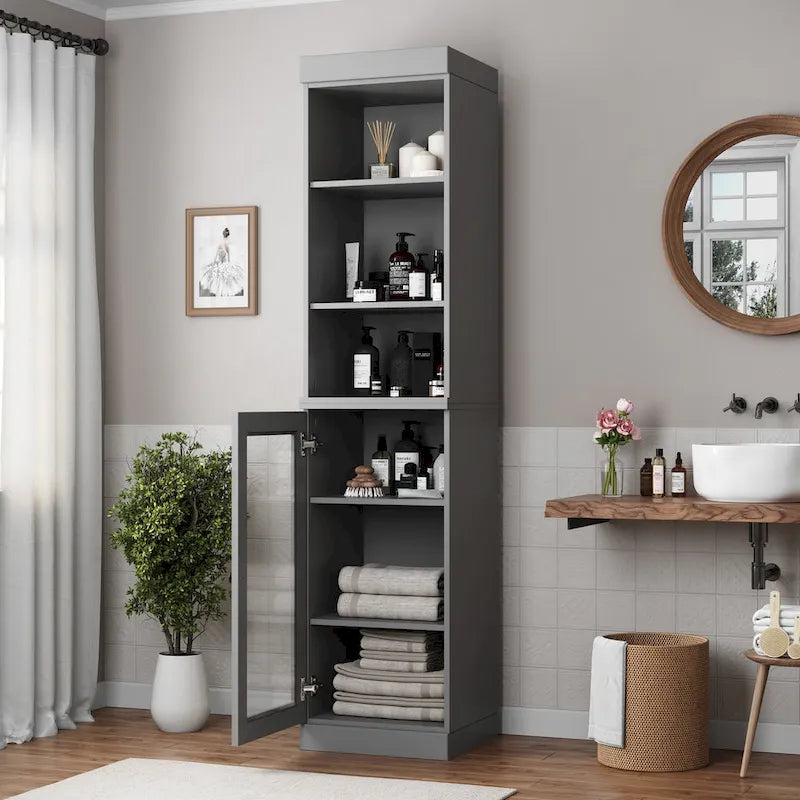 100% Solid Wood 16.5 Bathroom Storage Cabinet with Clear Glass Doors and Adjustable Shelves