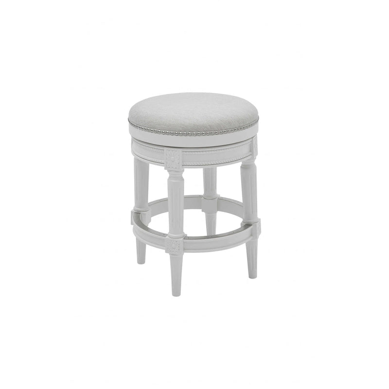 26 White Solid Wood and Fabric Backless Counter Height Swivel Bar Chair