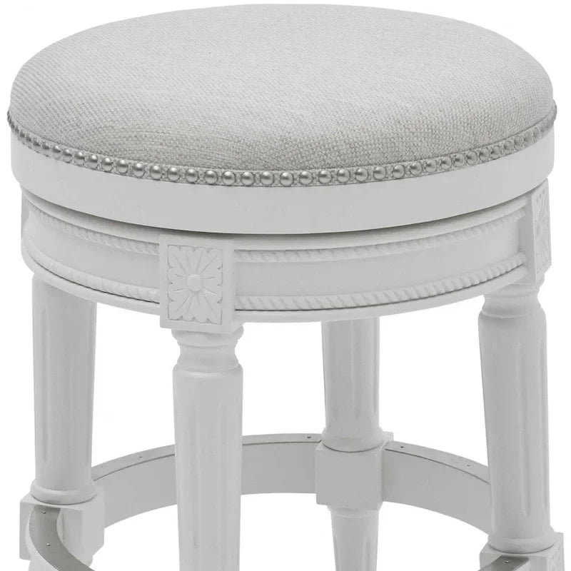 26 White Solid Wood and Fabric Backless Counter Height Swivel Bar Chair