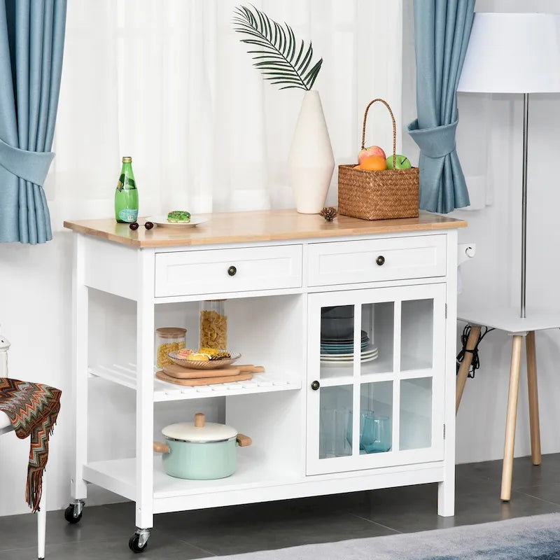 Kitchen Island Utility Storage Cart with Rubber Wood Top, Towel Rack, 2 Cabinets & Drawers for Dining Room