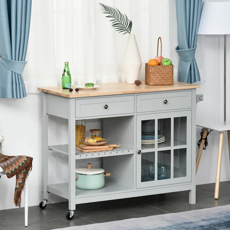 Kitchen Island Utility Storage Cart with Rubber Wood Top, Towel Rack, 2 Cabinets & Drawers for Dining Room
