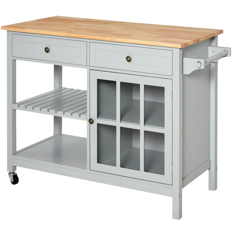 Kitchen Island Utility Storage Cart with Rubber Wood Top, Towel Rack, 2 Cabinets & Drawers for Dining Room