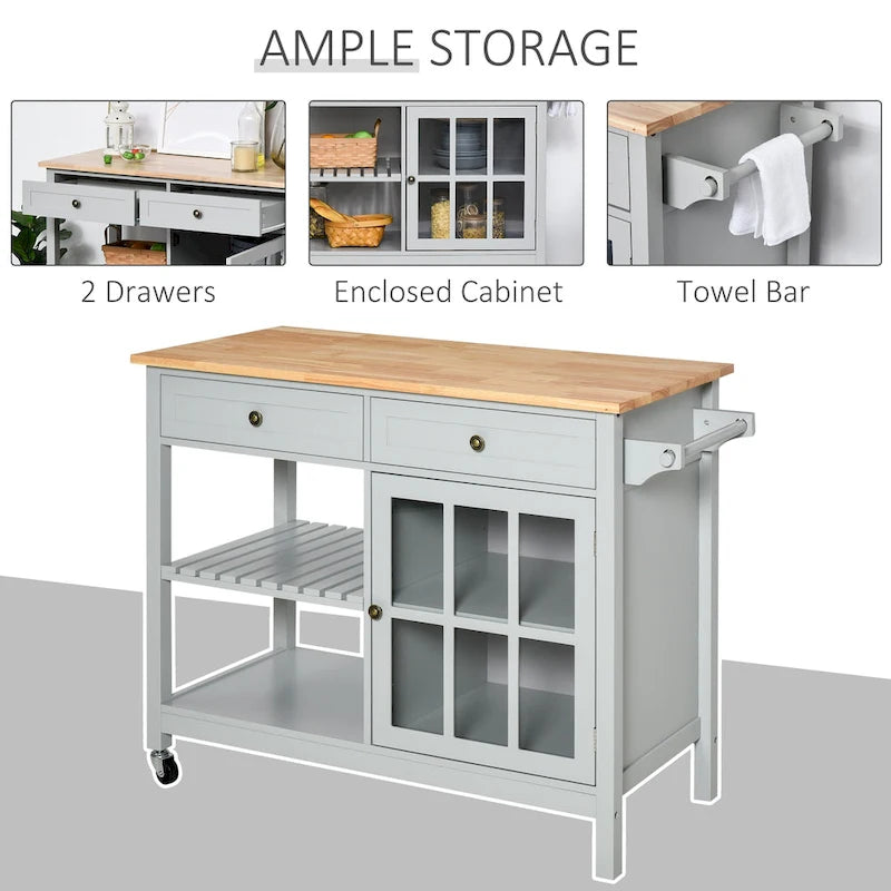 Kitchen Island Utility Storage Cart with Rubber Wood Top, Towel Rack, 2 Cabinets & Drawers for Dining Room
