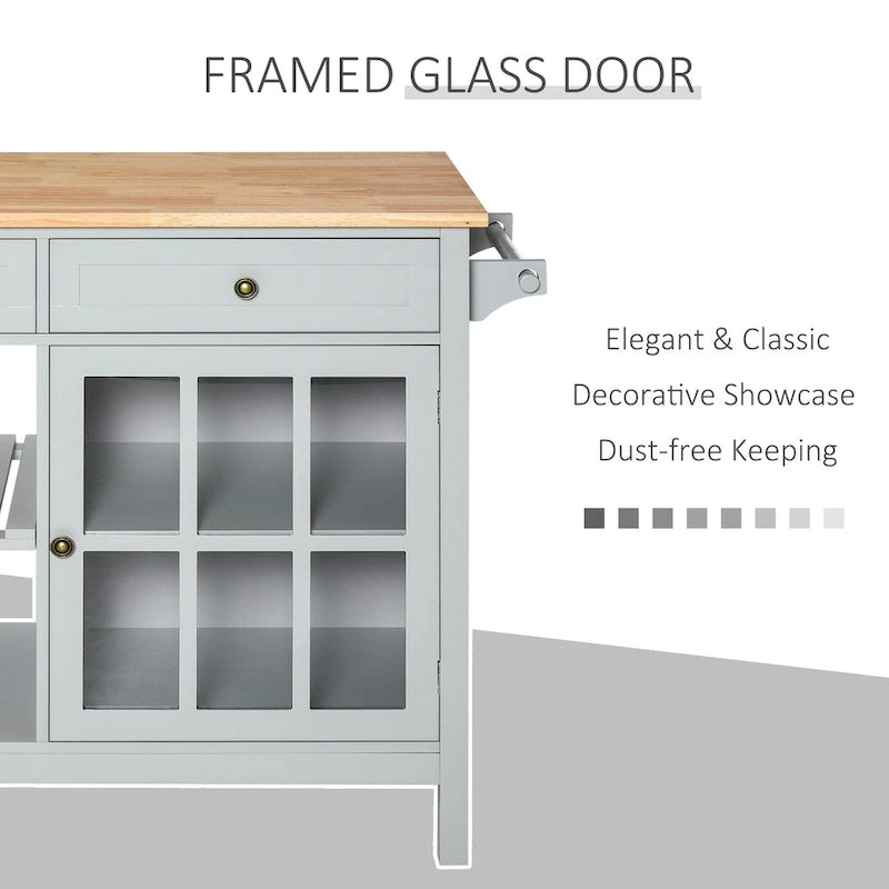 Kitchen Island Utility Storage Cart with Rubber Wood Top, Towel Rack, 2 Cabinets & Drawers for Dining Room