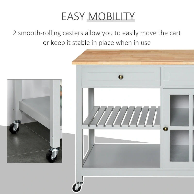 Kitchen Island Utility Storage Cart with Rubber Wood Top, Towel Rack, 2 Cabinets & Drawers for Dining Room