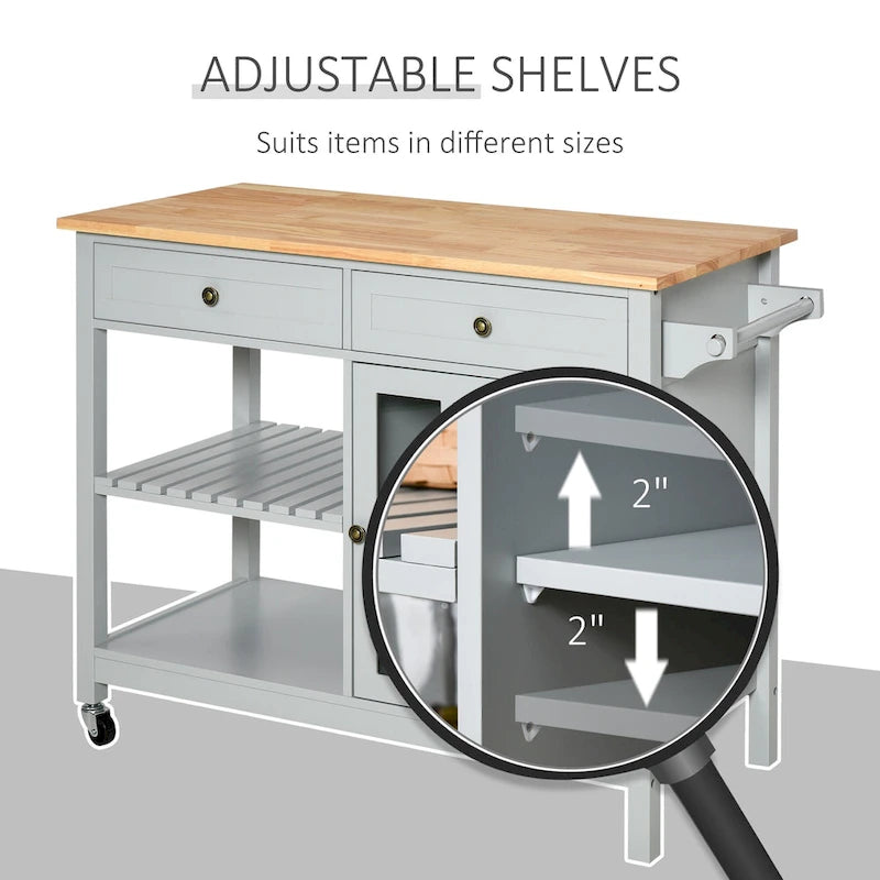 Kitchen Island Utility Storage Cart with Rubber Wood Top, Towel Rack, 2 Cabinets & Drawers for Dining Room