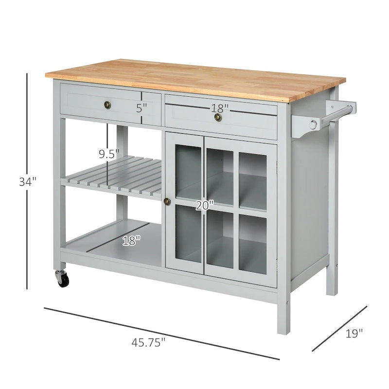 Kitchen Island Utility Storage Cart with Rubber Wood Top, Towel Rack, 2 Cabinets & Drawers for Dining Room