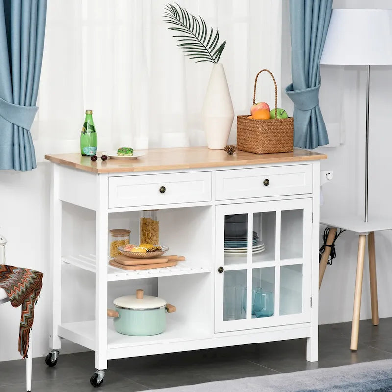 Kitchen Island Utility Storage Cart with Rubber Wood Top, Towel Rack, 2 Cabinets & Drawers for Dining Room