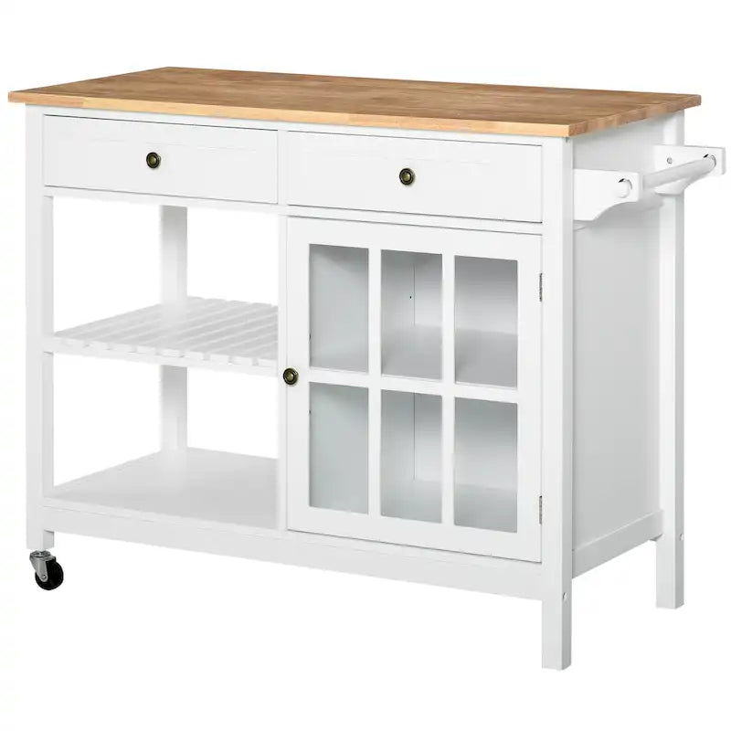 Kitchen Island Utility Storage Cart with Rubber Wood Top, Towel Rack, 2 Cabinets & Drawers for Dining Room