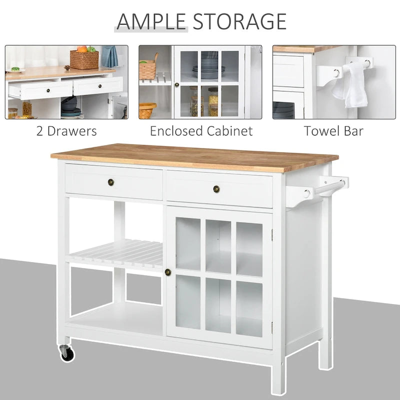Kitchen Island Utility Storage Cart with Rubber Wood Top, Towel Rack, 2 Cabinets & Drawers for Dining Room