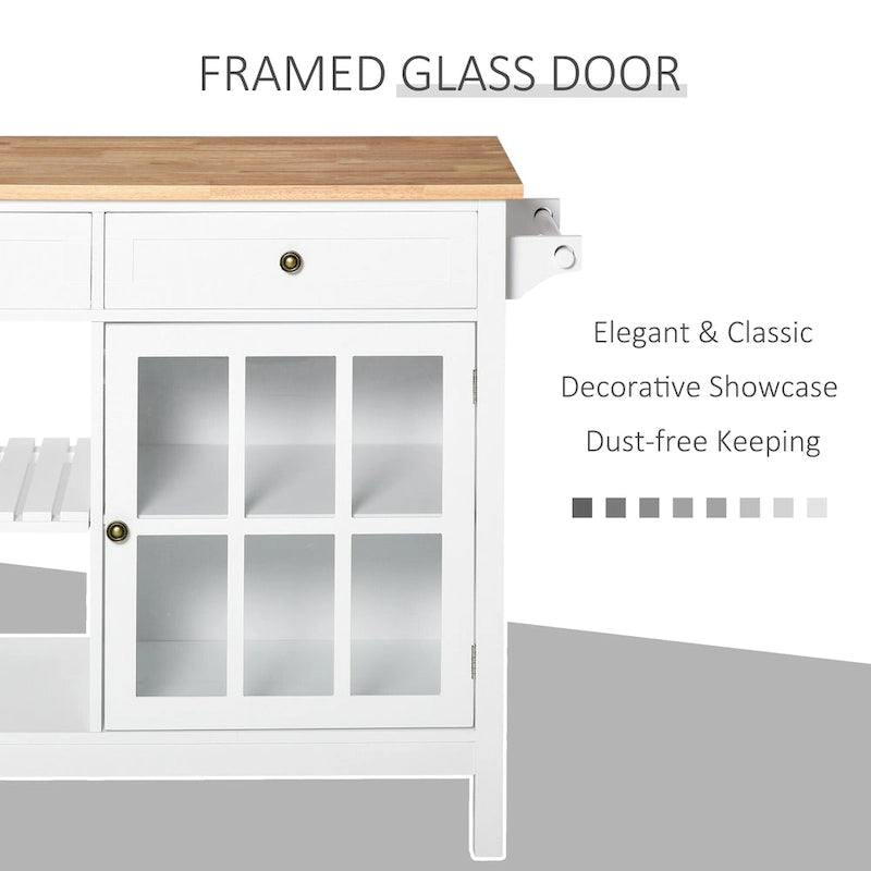 Kitchen Island Utility Storage Cart with Rubber Wood Top, Towel Rack, 2 Cabinets & Drawers for Dining Room