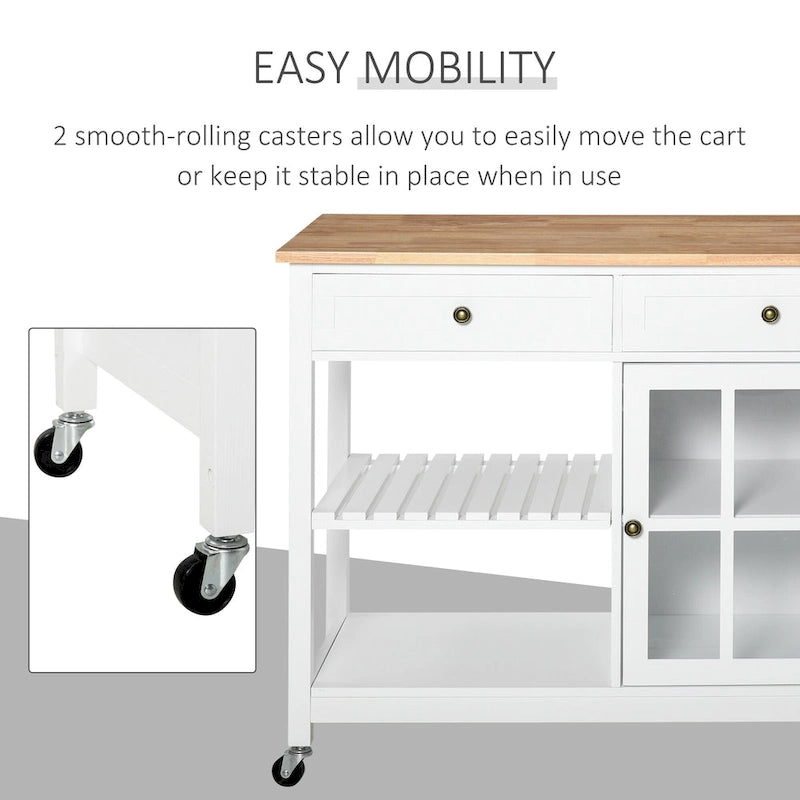 Kitchen Island Utility Storage Cart with Rubber Wood Top, Towel Rack, 2 Cabinets & Drawers for Dining Room