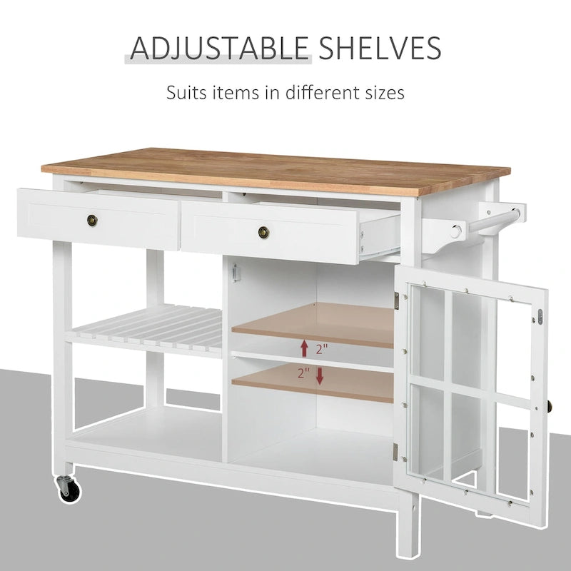 Kitchen Island Utility Storage Cart with Rubber Wood Top, Towel Rack, 2 Cabinets & Drawers for Dining Room