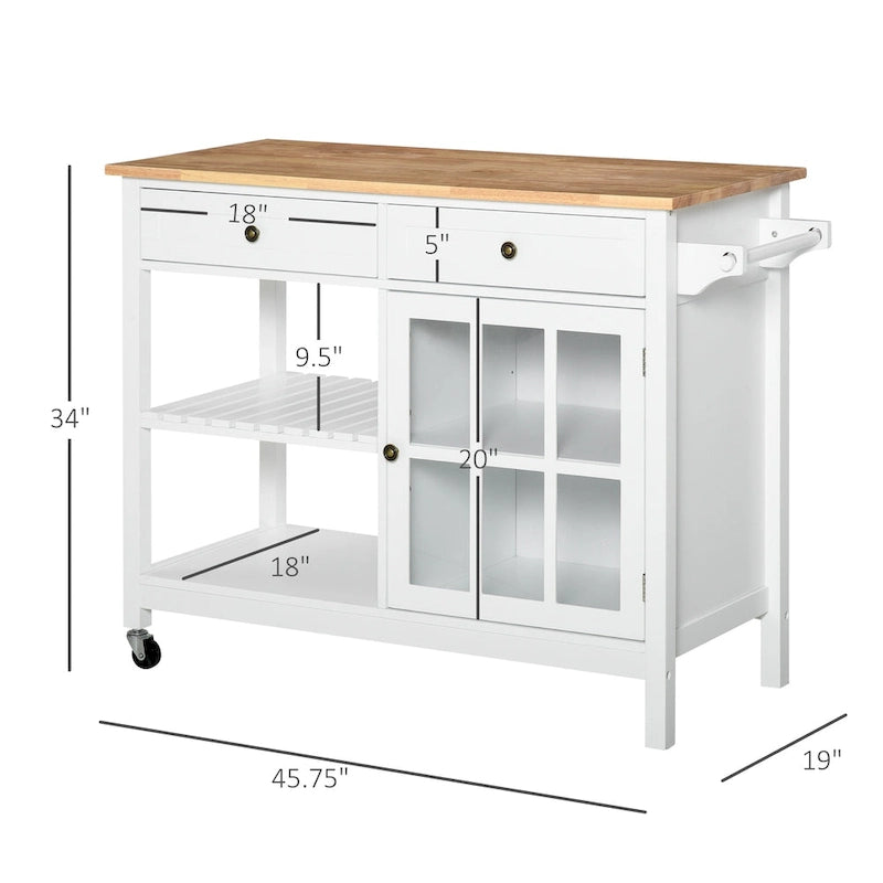 Kitchen Island Utility Storage Cart with Rubber Wood Top, Towel Rack, 2 Cabinets & Drawers for Dining Room