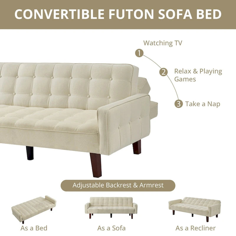 Futon Sofa Bed, Modern Convertible Sleeper Couch with Armrests for Studio, Office, Apartment, Compact Living, Game Room