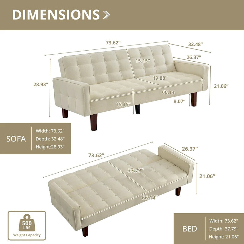 Futon Sofa Bed, Modern Convertible Sleeper Couch with Armrests for Studio, Office, Apartment, Compact Living, Game Room
