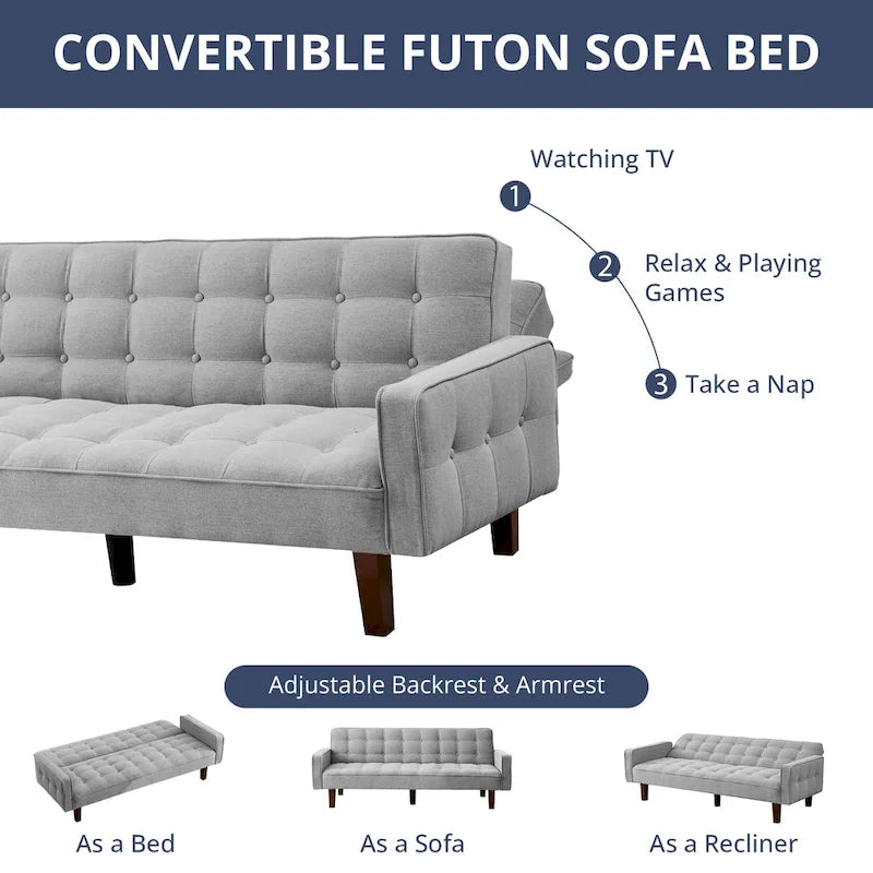 Futon Sofa Bed, Modern Convertible Sleeper Couch with Armrests for Studio, Office, Apartment, Compact Living, Game Room
