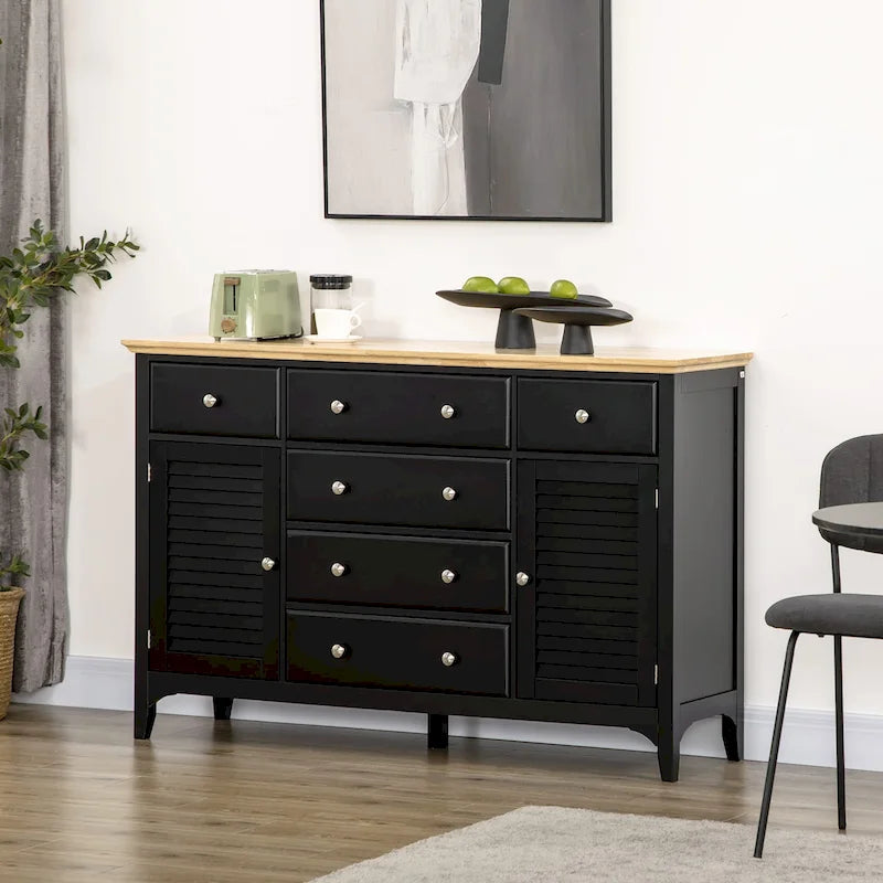 Modern Sideboard with Drawers, Buffet Cabinet with Storage Cabinets, Rubberwood Top and Adjustable Shelves, White