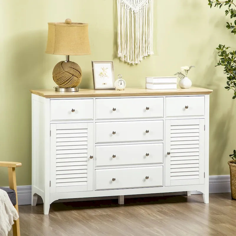 Modern Sideboard with Drawers, Buffet Cabinet with Storage Cabinets, Rubberwood Top and Adjustable Shelves, White