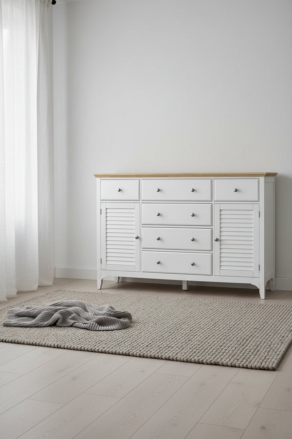 Modern Sideboard with Drawers, Buffet Cabinet with Storage Cabinets, Rubberwood Top and Adjustable Shelves, White