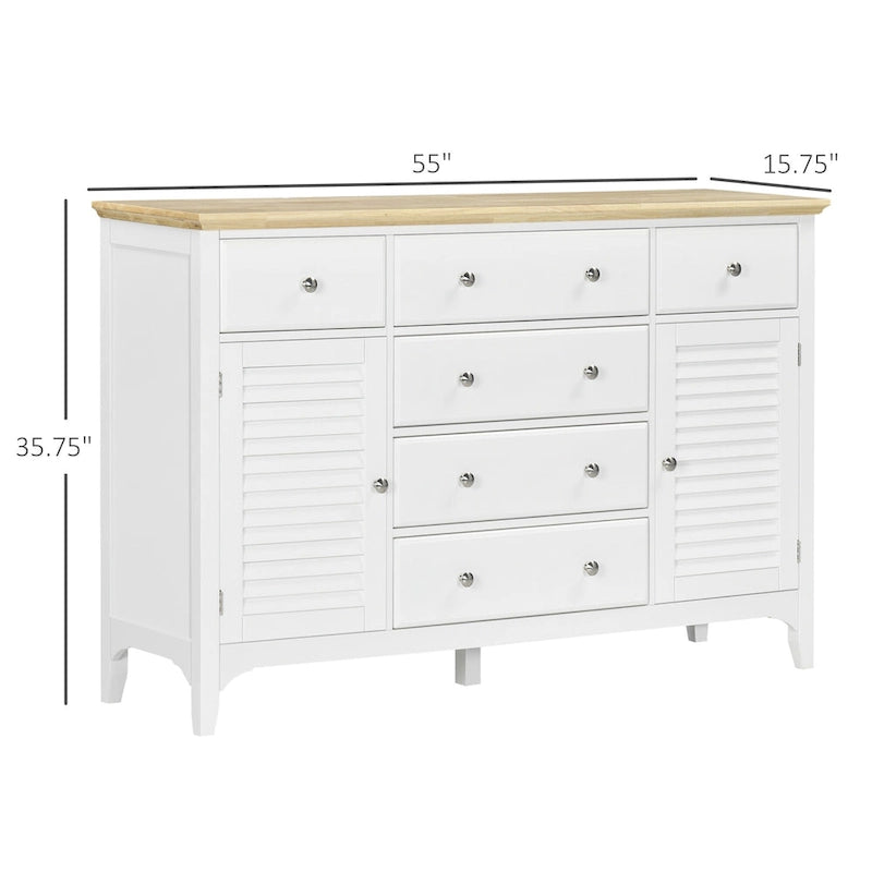 Modern Sideboard with Drawers, Buffet Cabinet with Storage Cabinets, Rubberwood Top and Adjustable Shelves, White