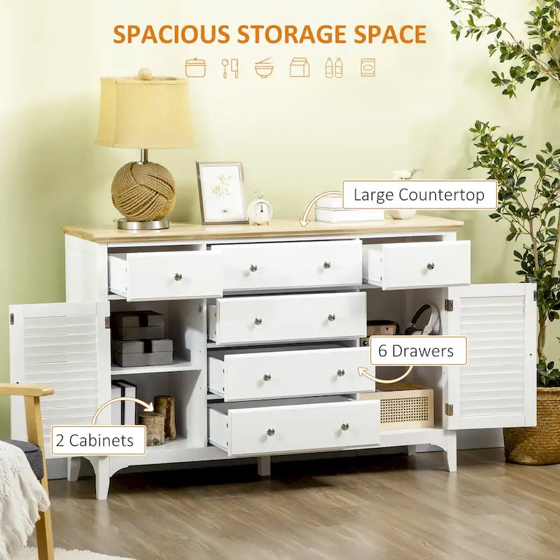 Modern Sideboard with Drawers, Buffet Cabinet with Storage Cabinets, Rubberwood Top and Adjustable Shelves, White