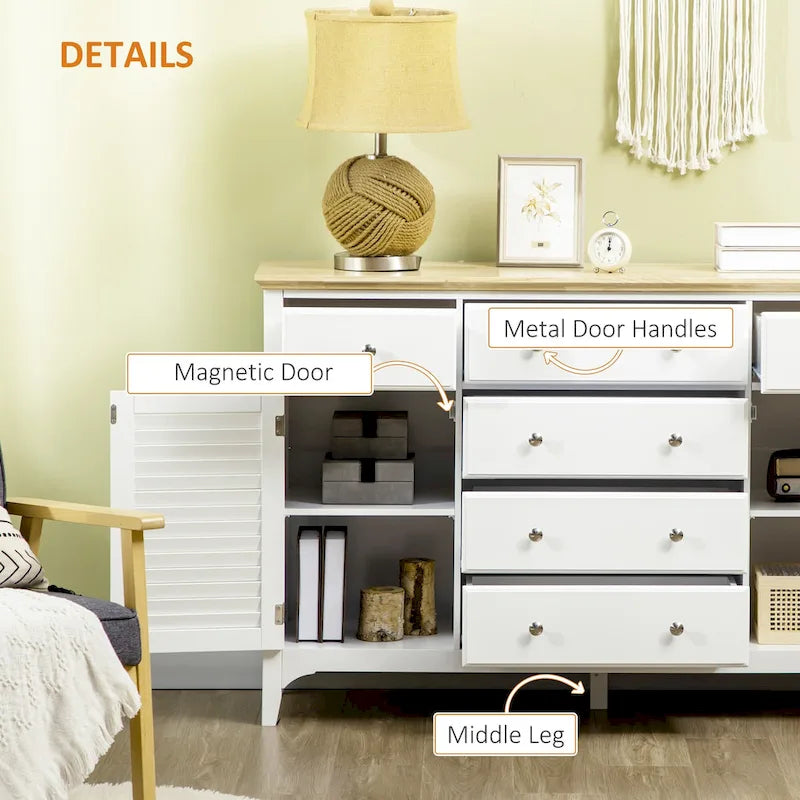 Modern Sideboard with Drawers, Buffet Cabinet with Storage Cabinets, Rubberwood Top and Adjustable Shelves, White